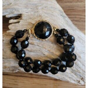 Gay Boyer Double Strand Black Faceted Crystal Beaded Bracelet - 1980's